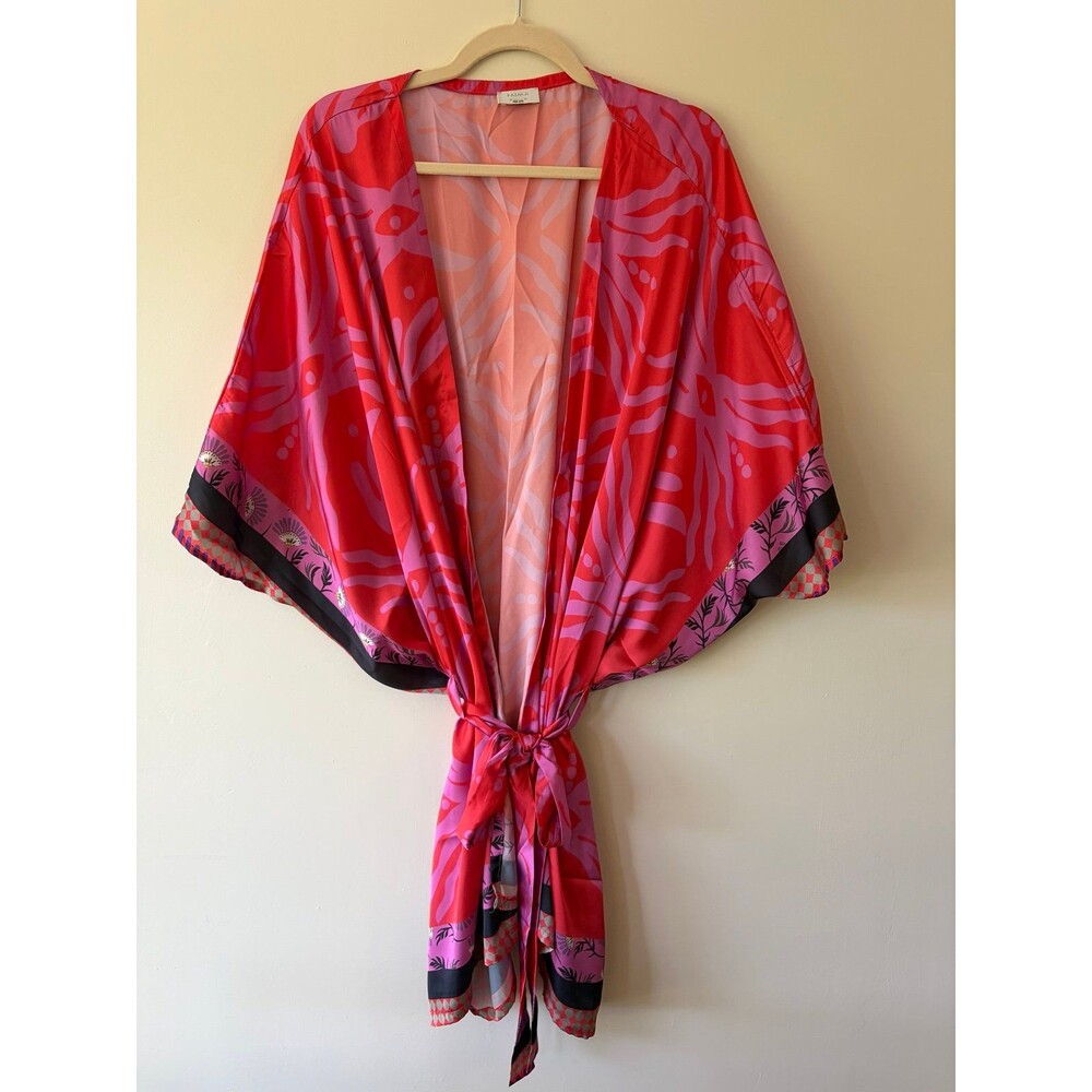 Paima Abstract Print Open Front Kimono with Tie Waist - Free Size